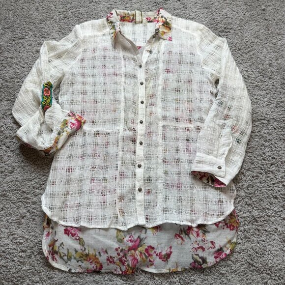 Arrata Silent Journey Embroidered Crane Boho Artsy Bird Blouse Button Down Small - Picture 1 of 8